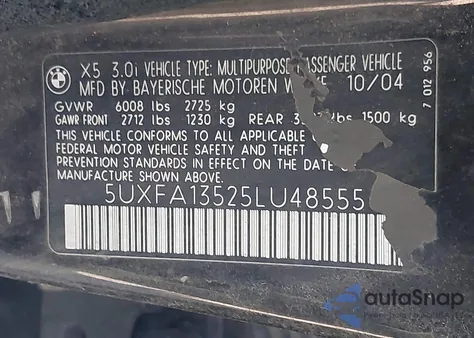 2005 BMW X5 3.0I из США, поврежденный, VIN 5UXFA13525LU48555